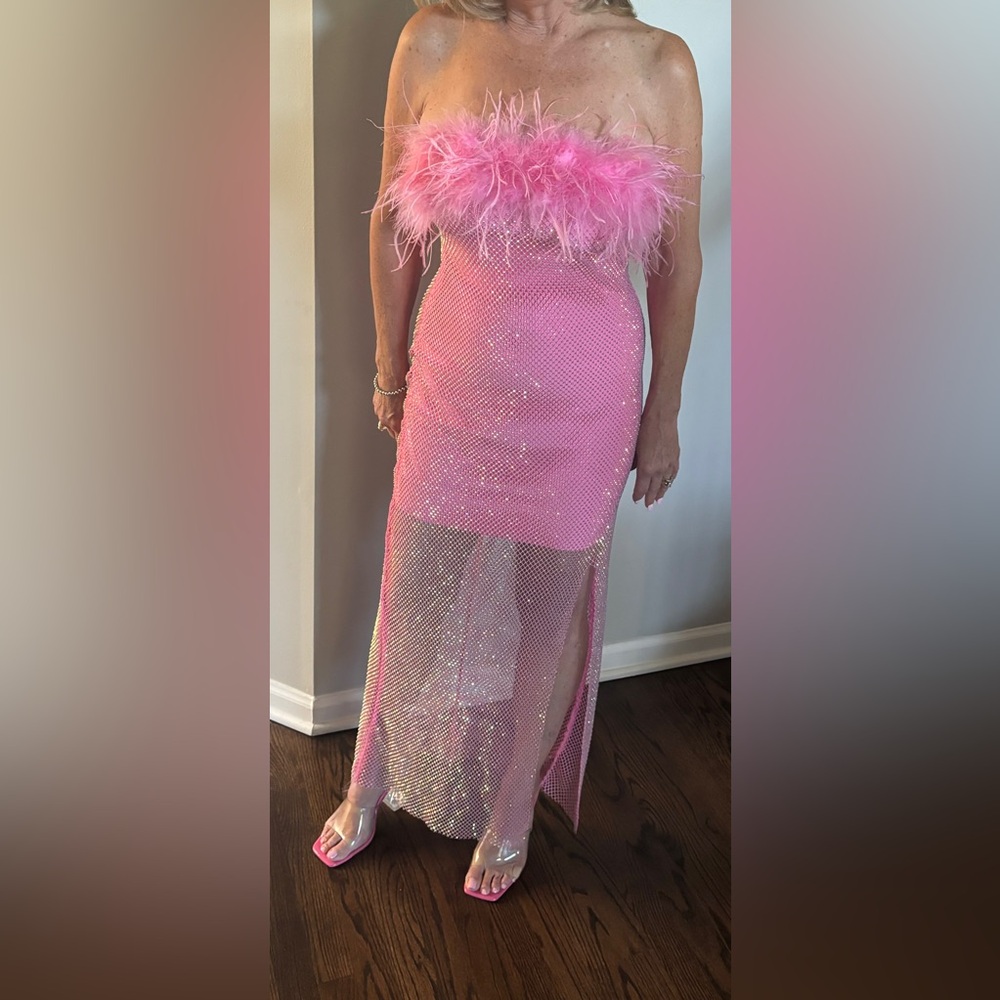 Mewmews Barbie Mesh Rhinestone Maxi Bandage Dress In Hot Pink - Picture 7 of 8